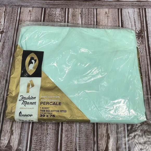 Vtg JC Penny Fashion Manor Percale Twin Fitted Bed Sheet Green 39 X 75 Sealed - Picture 1 of 4